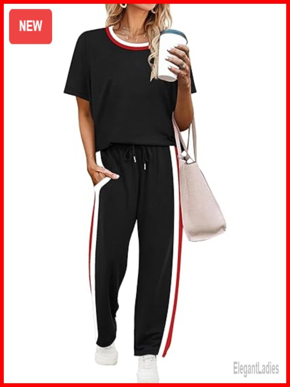 2 Piece Lounge Set - Short Sleeve Top & Wide Leg Pants with Pockets